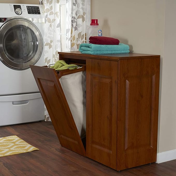 Household Essentials Double Hamper Cabinet, Metal Exterior and Removable Polyester Bags, Dual Compartments for Sorting, Faux Wood Grain