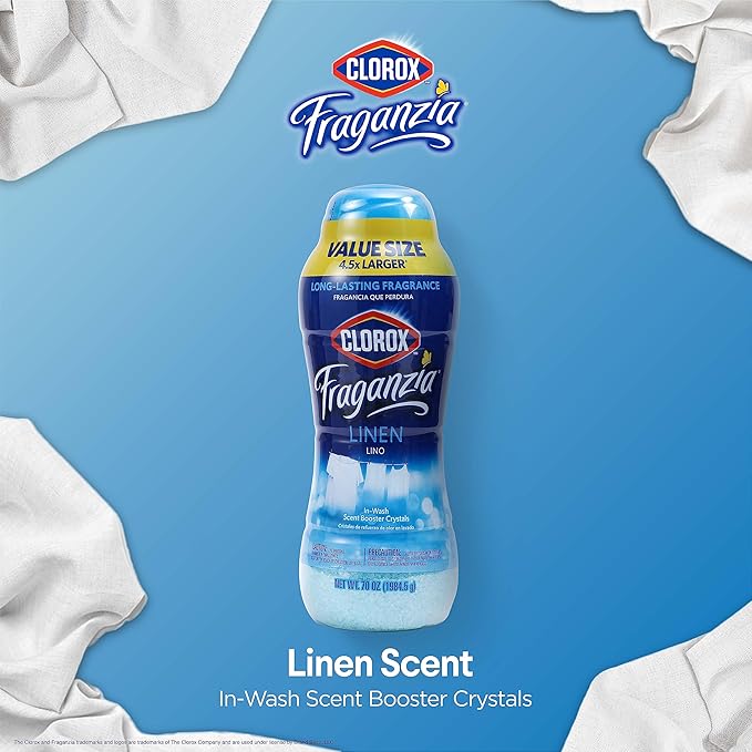 Clorox Fraganzia Laundry Scent Booster Crystals, In-Wash Fragrance Beads for Fresh-Smelling Clothes & Linens, Safe for All Fabrics & Colors, Easy-Pour Bottle, Linen Scent, 70 Oz