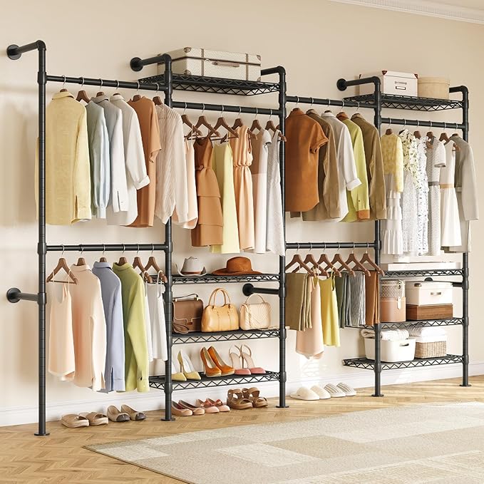 ONBRILL H4 Wall Mounted Closet System, Expandable Industrial Pipe Clothes Rack Clothing Rack for Hanging Clothes, Heavy Duty Closet Organizers and Storage in Wardrobe Closet