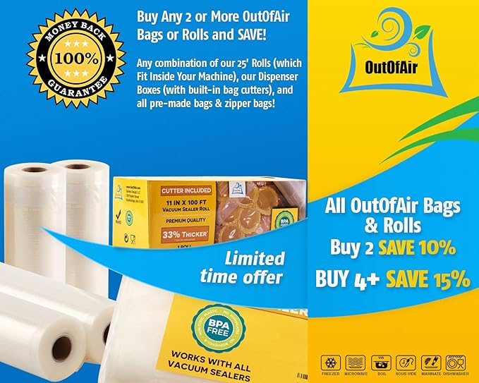 8" x 25' Rolls (Fits Inside Machine) - Pack of 2 (50 feet total) - OutOfAir Vacuum Sealer Rolls. Works with FoodSaver Vacuum Sealers. 33% Thicker, BPA Free, Sous Vide, Commercial Grade
