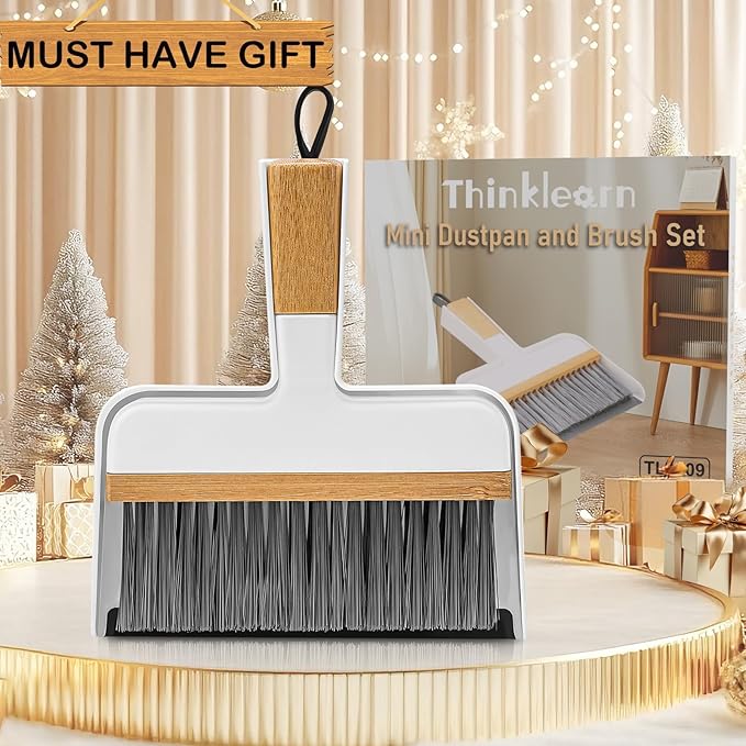 THINKLEARN Mini Dustpan and Brush Set, Portable Broom and Dustpan Combo Set with Bamboo Handle and Soft Rubber Lip, Compact Cleaning Tool for Kids, Car, Desk, Pet, Camping
