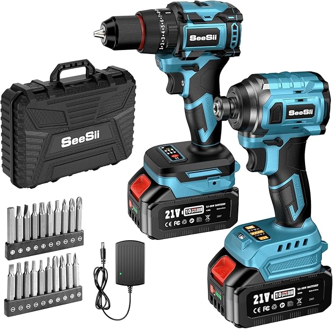 SEESII 21V Max Cordless Drill and Impact Driver, Power Tool Combo Kit Included 3/8'' Drill & 1/4'' Impact Driver, 2x 4000mAh Battery, Fast Charger, 20 pcs Driver Bit Set & Bag