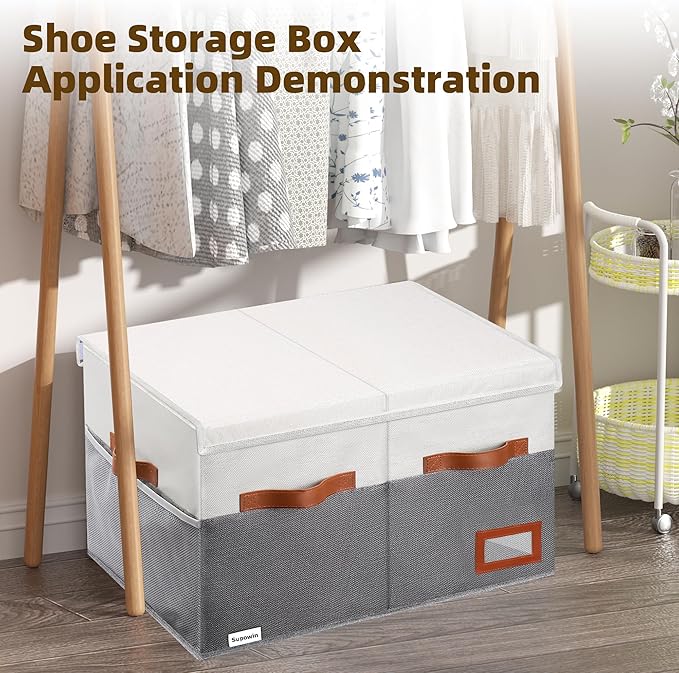 Supowin Shoe Organizer for Closet, Foldable Shoe Storage Bins with Lid & Adjustable Dividers, Fabric Shoe Box Storage Containers with Four Reinforced Handles, Fits 20 Pairs, 1 Pack, Grey