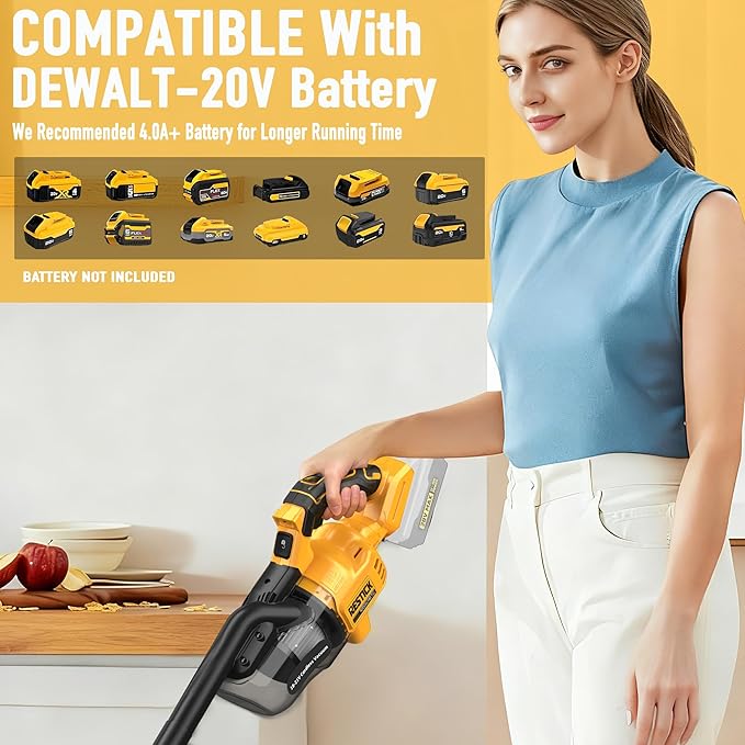 Cordless Vacuum Cleaner Compatible with Dewalt 20V Battery (No Battery), 50kPa 125AW Strong Suction | 5 HEPA Filters | 4-in-1 Nozzle | 65CFM Brushless Handheld Vacuum for Home, Car, Pet (Tool Only)