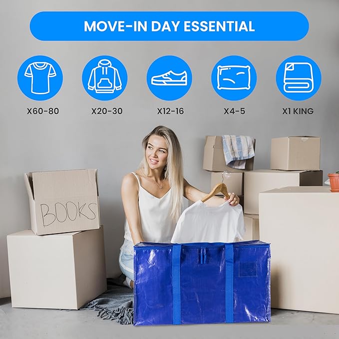 Simple Deluxe 4 Pack Moving Bags, Heavy Duty Storage Totes with Lids, Sturdy Handles& Zipper, Moving Boxes Alternative, Extra Large, for Clothes Packing, Moving Supplies, Blue