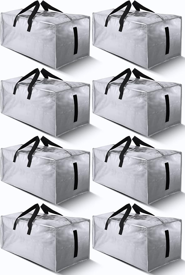HOMESURE 8 Pack Large Strong Bags with Zippers & Carrying Handles - Water-Resistant - Heavy Duty Storage Tote for Space Saving Storage, Fold Flat, Alternative to Moving Box (Silver)