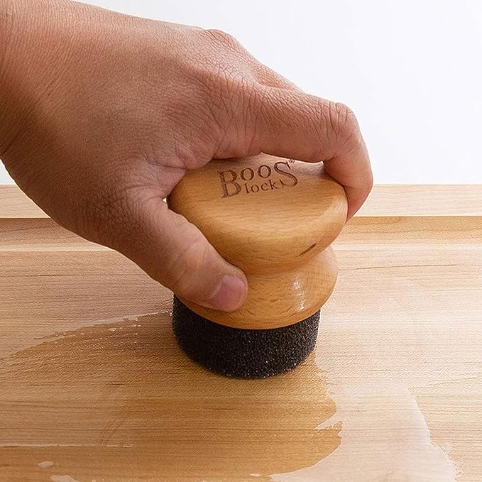 John Boos Oil & Cream Round Applicator for Wood Cutting Boards, Butcher Blocks & Utensils, Beechwood - Solid Hardwood Handle, Silver Ion-Treated Sponge, Storage Cap, Easy and Even Application