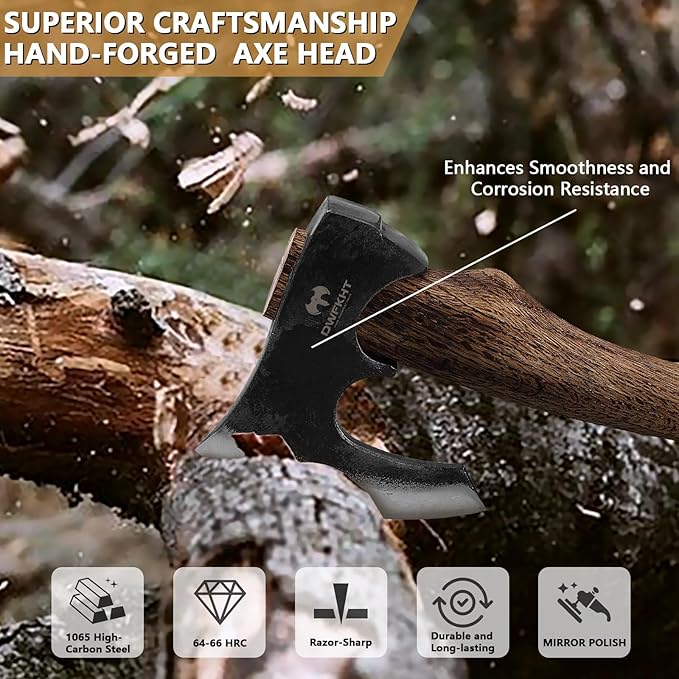 Hatchet, 15.7" Camping Axe with Leather Sheath, Bushcraft Axe with 1065 Carbon Steel & Beech Handle, Survival Hatchet for Wood Splitting and Chopping - Perfect for Gardening and Outdoor