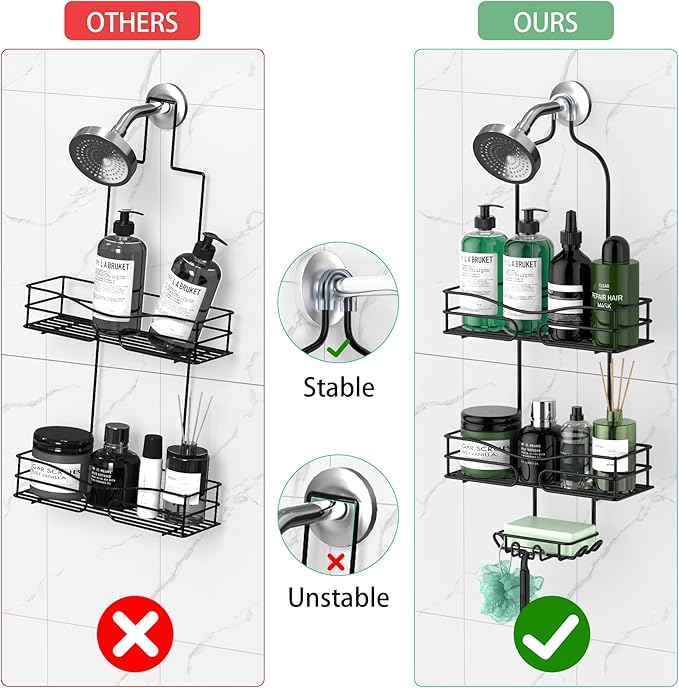 DAOYA Bathroom Shower Caddy Hanging - 3-Tier Organizer with Soap Holder & 6 Hooks for Towels, Sponge; Fits 21mm Shower Head Arm, Black