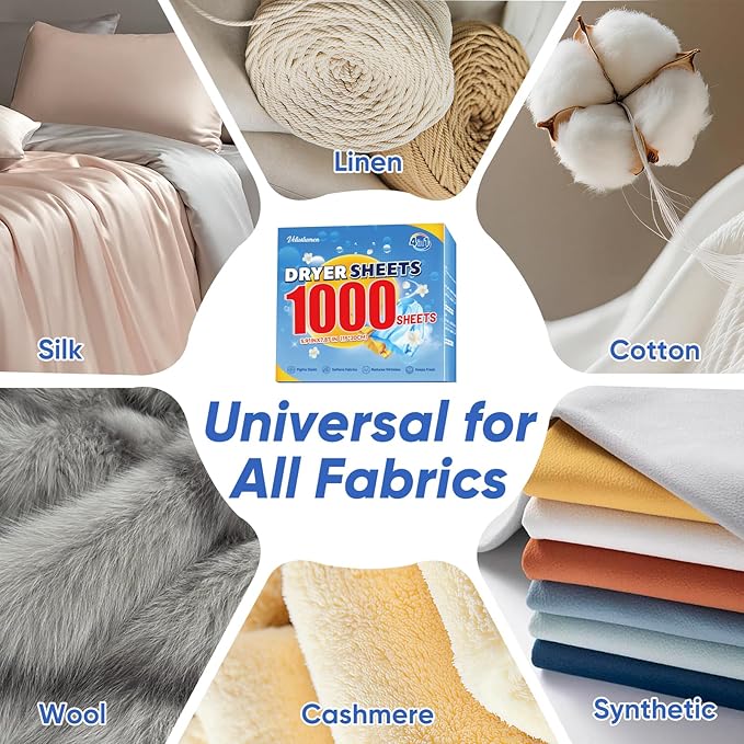 Veuslumen 1000 Count Dryer Sheets, Mega Pack Fabric Softener Sheets with Essential Oils, Long-Lasting Fresh Scent for Laundry - Softens Fabrics, Reduces Static, Fights Wrinkles