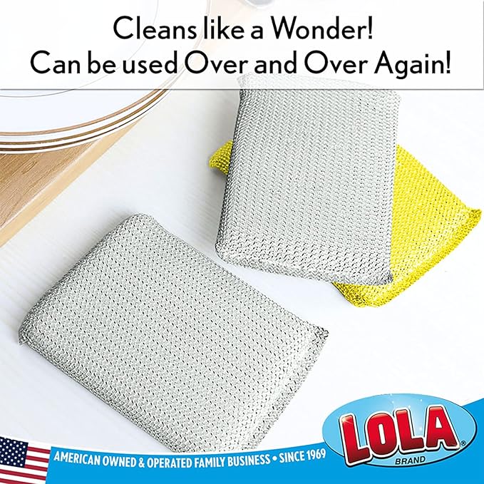 LOLA Wonder Non-Scratch Scouring Pad, 4 Pack, Large Knitted Flat Wire Cloth Fibers w/Foam Sponge Core, Assorted Colors (Gold or Silver)