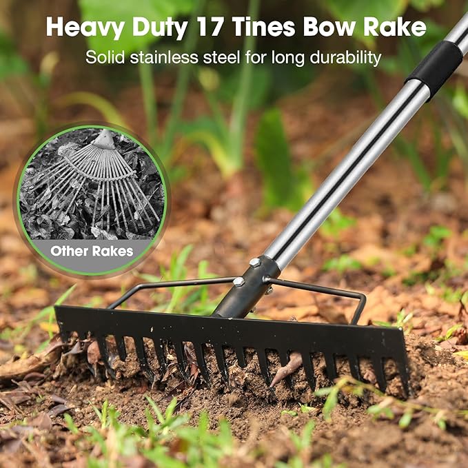 Heavy Duty Garden Rake for Leaves - 17 Tine Metal Head & Adjustable Stainless Steel Handle, 17" Wide 5.58FT Yard Rake for Shrub Leveling/Grass Care