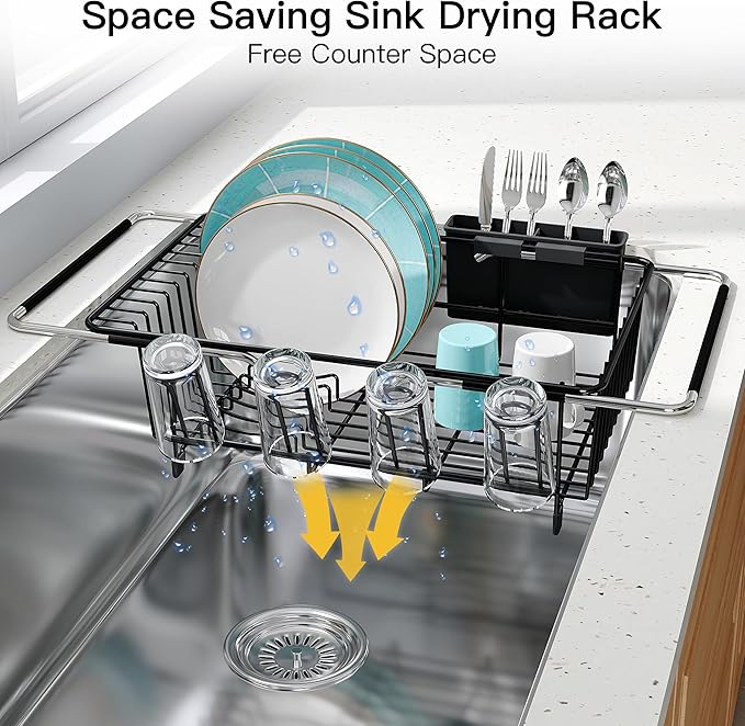 Dish Drying Rack Over the Sink In Stainless Steel Black Expandable Drainer for Small Kitchen, Counter Space Saving Compact Inside Sink Plate Dryer, Adjustable Hanging Metal Wire Strainer Drain Holder