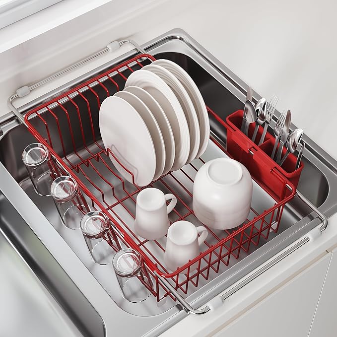 JASIWAY Red in Sink Dish Drying Rack, Expandable Stainless Steel Small Dish Rack Over Kitchen Sink, Plate Drainer Strainer with Cutlery Holder & Cup Holders, Counter Space Saving Wire Dryer Rack