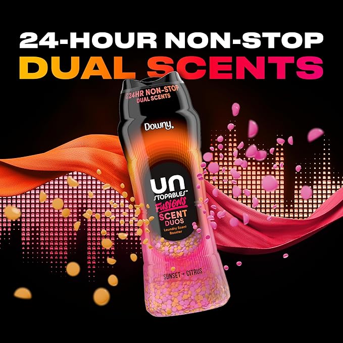 Downy Unstopables Fusions Scent Duos Laundry Scent Booster Beads, Sunset and Citrus Scent, 10.7 OZ, 24hr non-stop freshness with 2 in 1 dual scent laundry scent beads