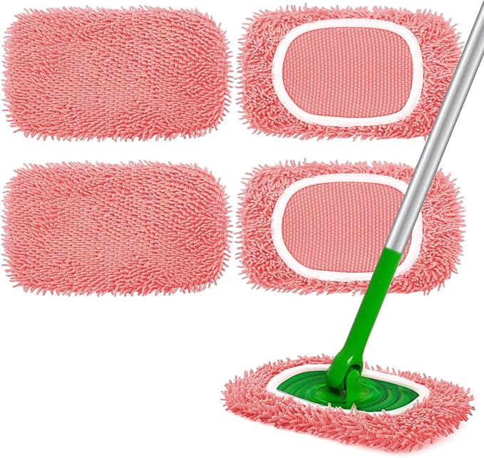 Reusable Microfiber Mop Pads - 4 Pack Washable Wet Pads Refill for Mopping Floors, Pink (Mop is not Included)