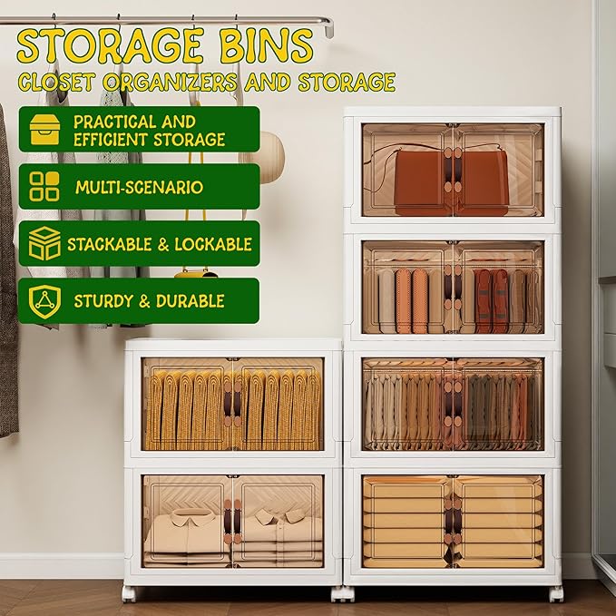 Storage Bins with Lids and Wheels, 90QT-45QT*2Tier Collapsible Bathroom Storage Cabinet with Clear Doors, Plastic Stackable Closet Organizers and Containers White