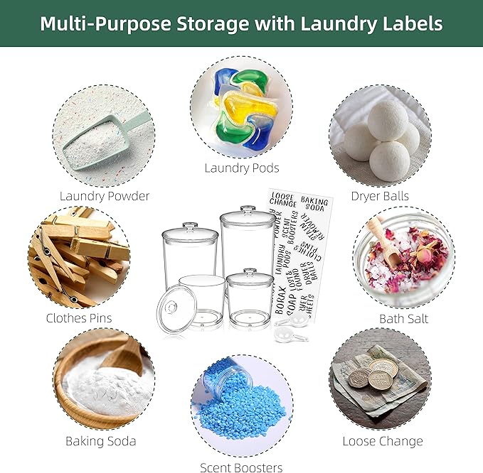 4 Pack Laundry Room Organization Jars - Laundry Storage Containers with Labels & Scoops Hold Pods, Powder, Scent Booster, Beads, Soap, Detergent - Great Laundry Organizer - Clear Acrylic