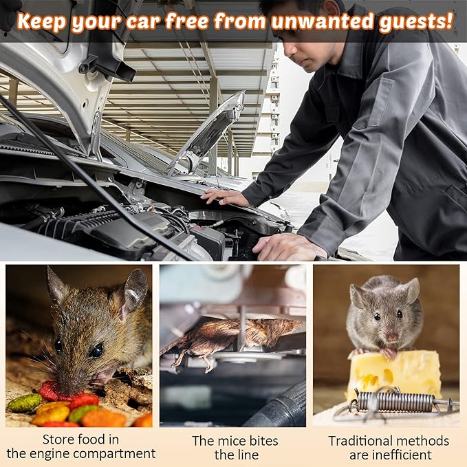 4 Pack Under Hood Animal Repeller Ultrasonic Mouse Repeller Rat Repellent Small Ultrasonic Mice Deterrent for 12V Car Pest Vehicle Automobile Get Rid of Animal in Car Engine with Strobe Light