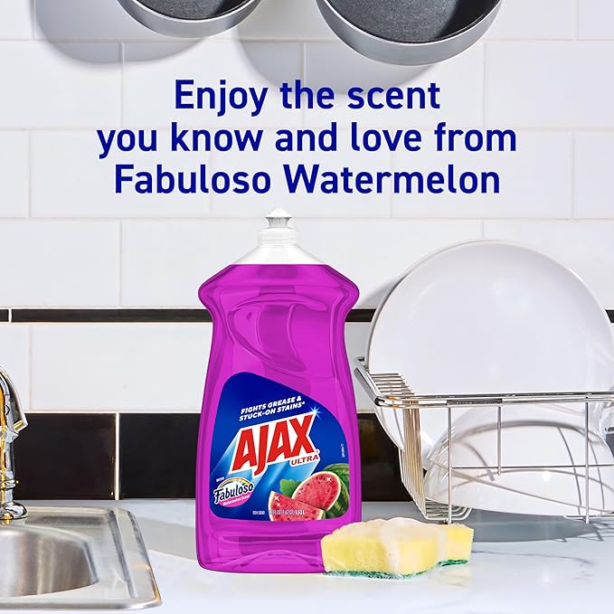 Ajax Ultra Liquid Dish Soap with Fabuloso Watermelon Scent, Fights Grease and Stuck-On Stains, Deep Cleaning Action, Mess-Free, Easy-Flip Cap, 52 fl oz Bottle (Pack of 2)
