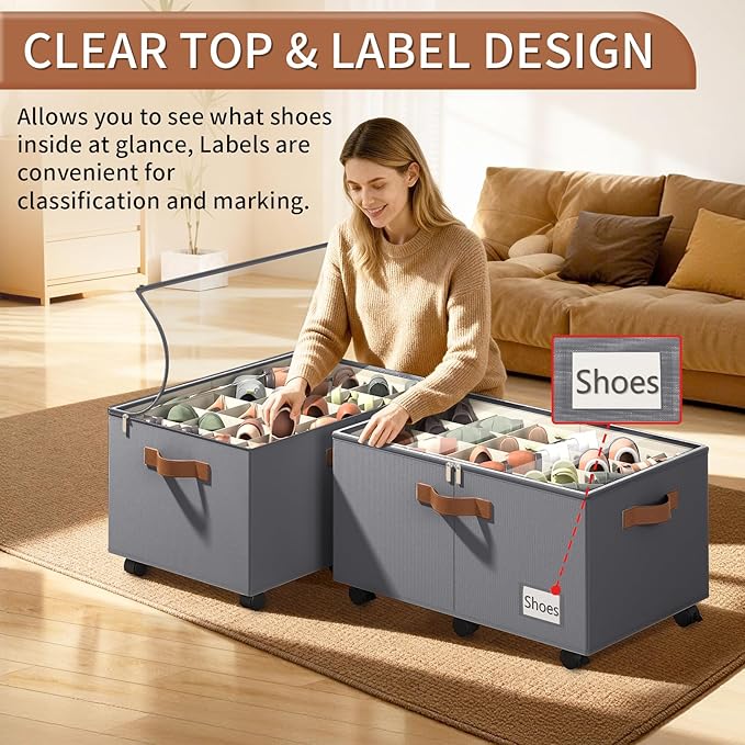 Foyego Shoe Organizer for Closet, Shoe Storage Organizer with Wheels and Adjustable Dividers, Stackable Shoe Storage Box with Clear Cover, Foldable Closet Shoe Organizer Fits up to 24-48 Pairs, Gray