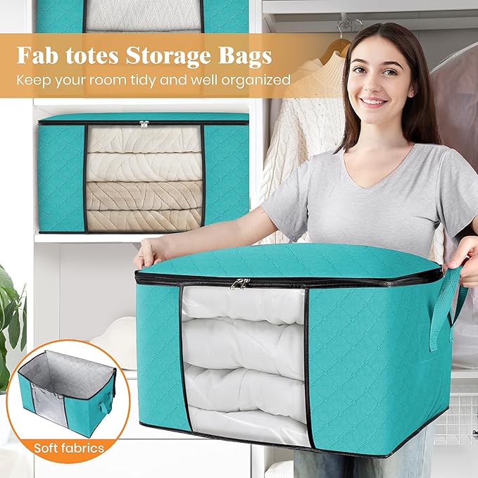 Fab totes Storage Bags,Clothes Blanket Storage Bins Foldable Closet Organizers with Reinforced Handle for Home Dorm Storage and Organization,Fabric Bags for Organizing Sheets,Clothing (Green,10 Pack)