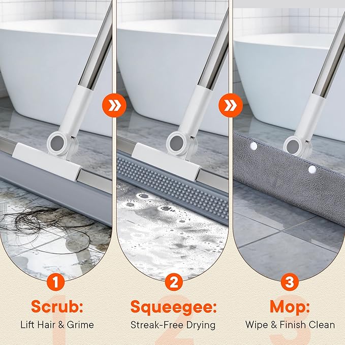 Floor Squeegee for Concrete Floors, 180° Rotating Silicone Broom, Squeegee for Floor with Long Handle and Dual-Sided Blade Design, Water and Pet Hair Remover for Bathroom Floors, Tile, Deck and Glass