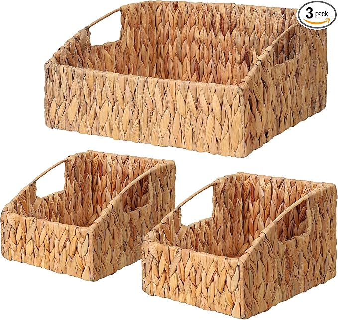 Ollieroo Rattan Storage Baskets, Handwoven Wicker Storage Bins with Built-in Handles, Storage Container Baskets for Shelves, Bedroom, Bathroom, Laundry Room or Kitchen(Natural)