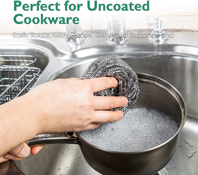COOLJOB 6/12 Pack Stainless Steel Scrubber Sponges, Heavy Duty Tough Metal Scouring Pads for Dishes, Pans, Pots, Ovens, Uncoated Cookware, Powerful to Clean Grease Dirt Oil or Rust (Sliver, 25 Grams)