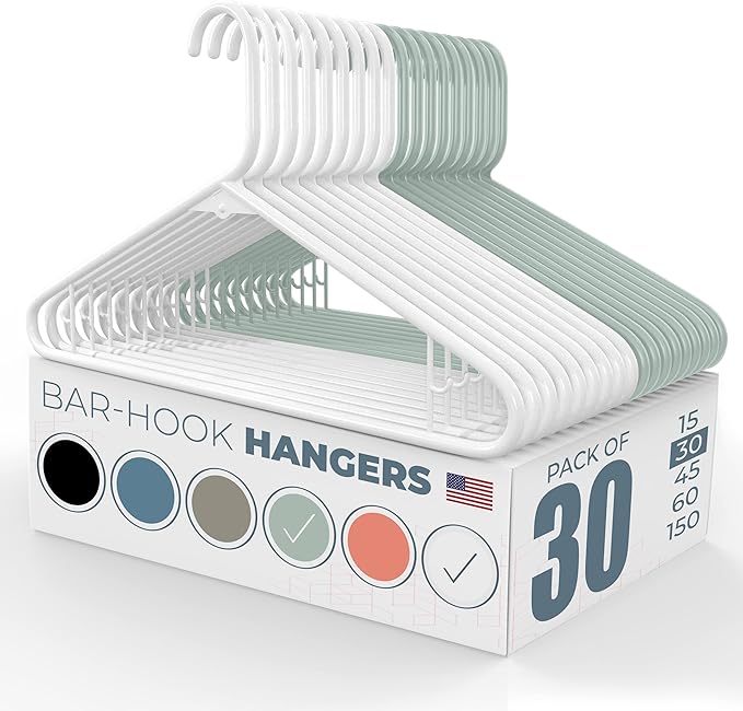 Neaties Plastic Hangers 30 Pack – Made in the USA – 6lb Capacity Standard Clothes Hangers with Strap Hooks for Dresses, Lingerie, Shirts, Pants, and Jackets – White & Mint