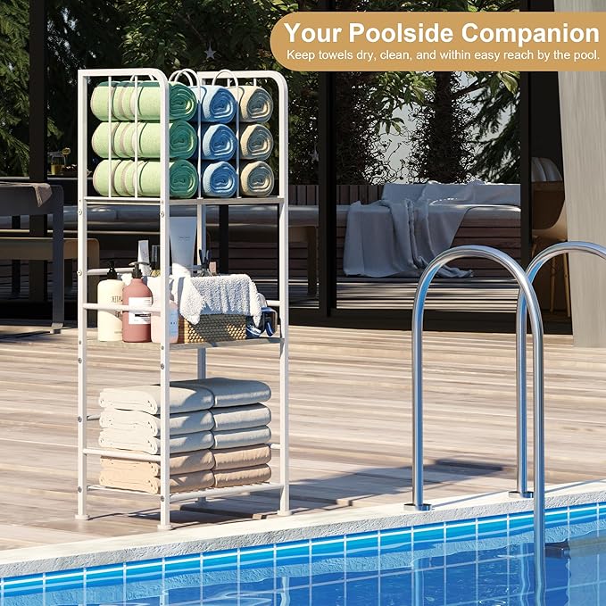 Towel Rack Free Standing 3-Tier M-Shaped Detachable Dividers, Durable Metal Holder, Pool Towel Rack, Space-Saving Towel Storage Organizer, Modern Bath Towel Shelf for Home, Poolside, White