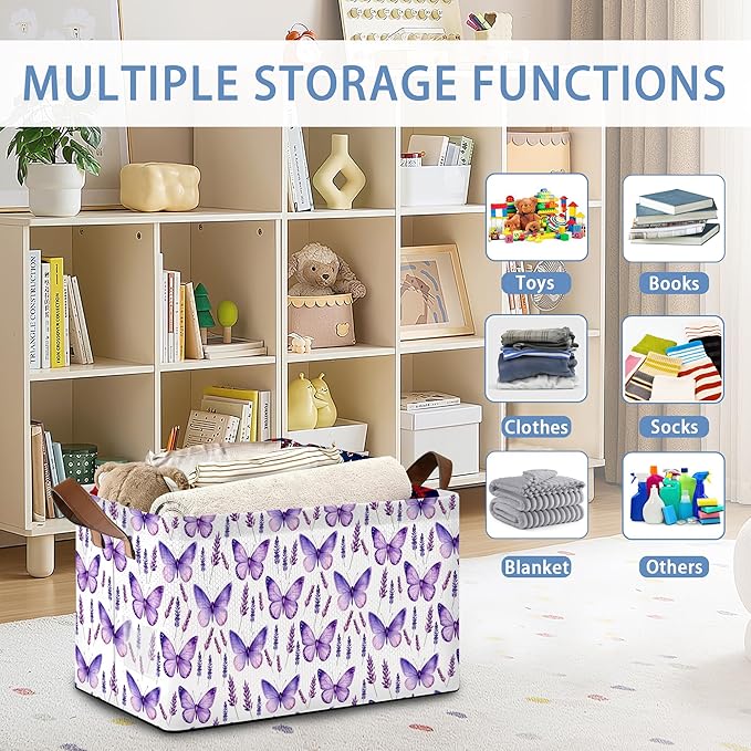 Lavender Storage Baskets,Purple Butterfly Foldable Organizer Bin with Handles for Home Living Room Bedroom Closet Box 17x11.5x10Inch