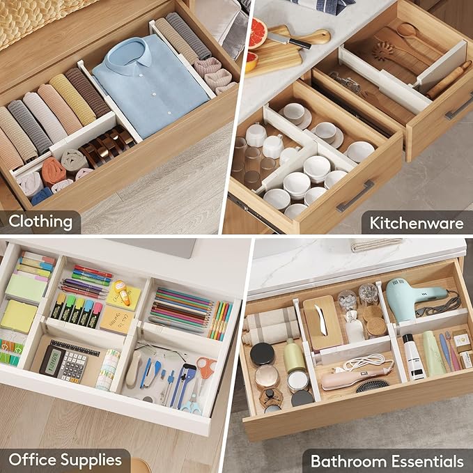 Lifewit 12 Pack 4" High Drawer Dividers 28-43.5cm/11-17" Adjustable Drawer Organizer for Clothes/Utensils, Expandable Drawer Separator in Dresser/Kitchen/Bedroom/Office Organization & Storage Beige