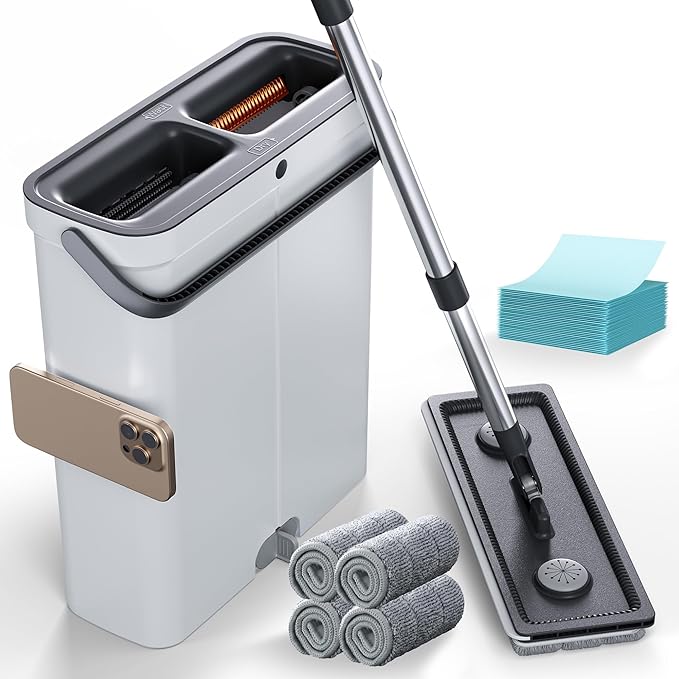 Compact Floor Mop and Bucket - Flat Mop and Bucket with Wringer Set Hands Free | Wet Dry Mop for Apartment, Tiny Home, RV, Windows, Wall (Compact Mop Bucket System Set (4 Pads))