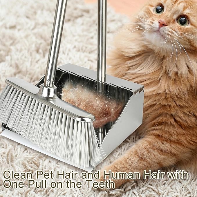 Metal Dustpan Long Handle Stainless Steel Dustpan,Heavy Duty Standing Dust Pan with Teeth, Indoor Outdoor Up for Home Kitchen Lobby Room Office