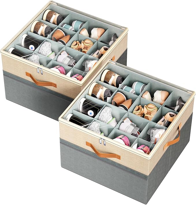 Shoe Organizer for Closet, 2 Pack Foldable Shoe Storage Organizer Box Bin with Adjustable Dividers and Clear Cover, Fits up to 16-32 Pairs（Grey&Beige）