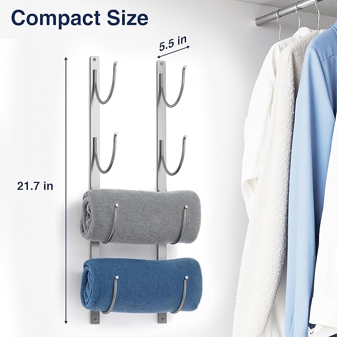 Bathroom Rolled Towel Rack: 4-Tier Wall Mounted Towel Storage Holder, Hanging Organizer for Towels, Blankets, Large Bath Sheets, Space Saving in RV, Closet, Toilet, Cabinet, Silver