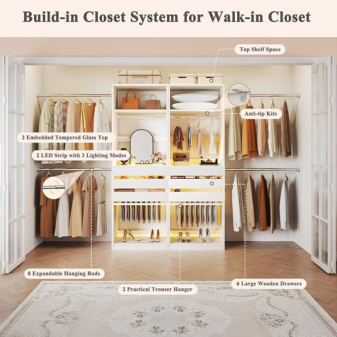 Closet System, 5.7-10.4FT Closet Organizer System with 6 Wood Drawers & LED Glasstop, Wood Walk-in Closet with 10 Hanging Rods & Trouser Rack, Built-in Wardrobe Garment Rack with Shelves & Tower,White