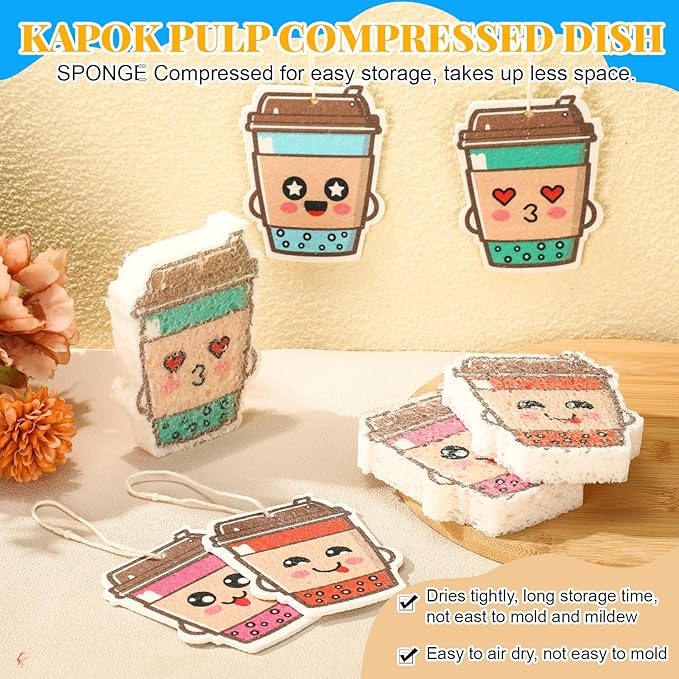8 Pack Cute Kitchen Sponges Dish Set Compressed Non-Scratch Reusable Kitchen Cleaning Household Sponges for Dishes, Pans, Kitchen, Fruit, Plate, Bathroom(Bubble Tea)