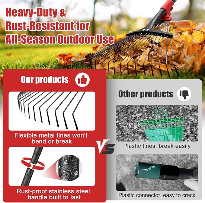 Collapsible Rake for Leaves - 70" Adjustable Long Handle Yard Rake, Expandable Metal Steel Head (8”-17”), Garden Leaf Rakes for Gardening Beds, Lawn,Narrow Shrub,Pine Needle,Outdoor Camping