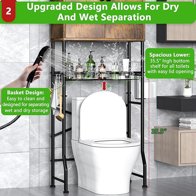 Over The Toilet Storage Cabinet - 2-Door Bathroom Organizer Shelf, Freestanding Space-Saver Toilet Rack with Privacy Protection, Water-Resistant Above Toilet Storage Cabinet for Small Bathrooms(Brown)