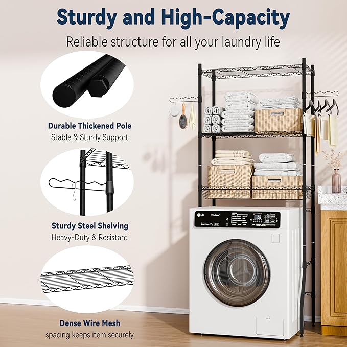 Laundry Room Storage Shelf, 3 Tier Metal Over Washer and Dryer Shelves, Adjustable Washing Machine Shelf with Basket & Hanger Rods, Bathroom Space Saver Shelf, 29.5" L x 17.7" W x 71.2" H, Black