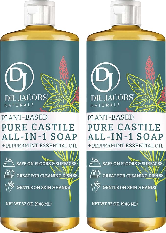 Dr. Jacobs Naturals Peppermint Castile All-in-One Cleaner and Soap - Plant-Based Formula for House Cleaning Floors and Appliances - Gentle on Skin and the Planet - 32 oz, 2 Pack