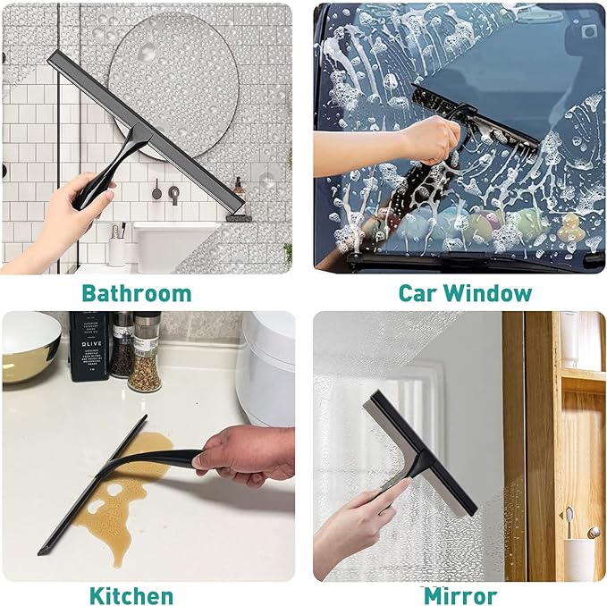 Shower Squeegee for Glass Doors,12-Inch Shower Glass Squeegee, Matte Black Shower Squeegee for Shower Doors,Mirror,Windows, with Shower Door Hook and Adhesive Hook