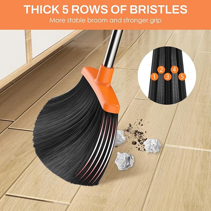 Broom and Dustpan Set for Home, 51-in Long Adjustable Handle Angle Broom and Dustpan Combo Set with Dust Pan Teeth to Clean Hair for Home Kitchen Office Lobby Floor Garden, Black Orange