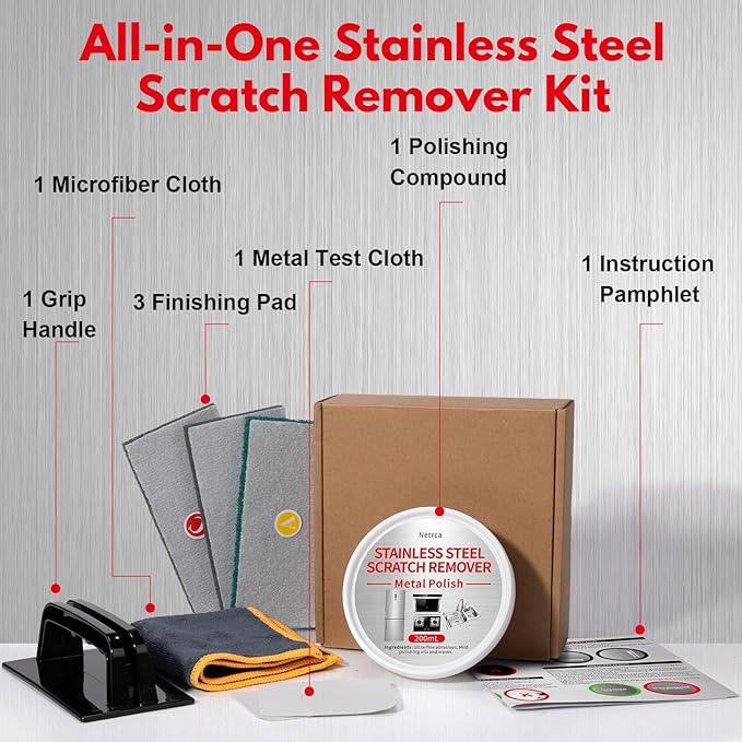 Stainless Steel Scratch Remover Kit, Removes Deep Scratches from Sinks, Ranges, Fridges, Stoves & Appliances, Restores Like-New Finish, for Non-Coated Stainless Steel, with 3 Pads, Compound, Handle
