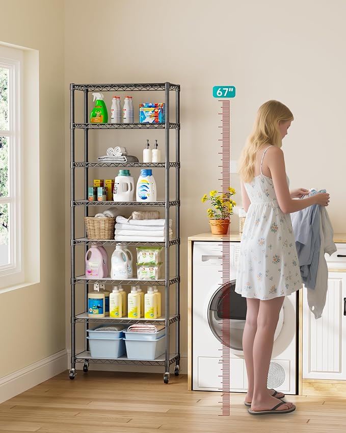 Golpart 8 Tier Shelves Storage Shelf Wire Closet Bathroom Organizers Metal Pantry Kitchen Garage Shelving Unit Laundry Room Organization Home Rack Net Basket Black with Wheels 12”D X 22”W X 74.2”H
