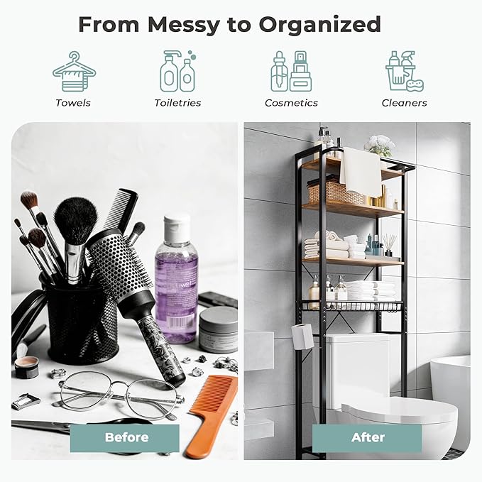 GRUSIGN Over-The-Toilet Storage Shelf, 4-Tier Bathroom Organizer Shelf, Freestanding Space Saver Shelves Over Toilet with Adjustable Shelf for Bathroom, Brown