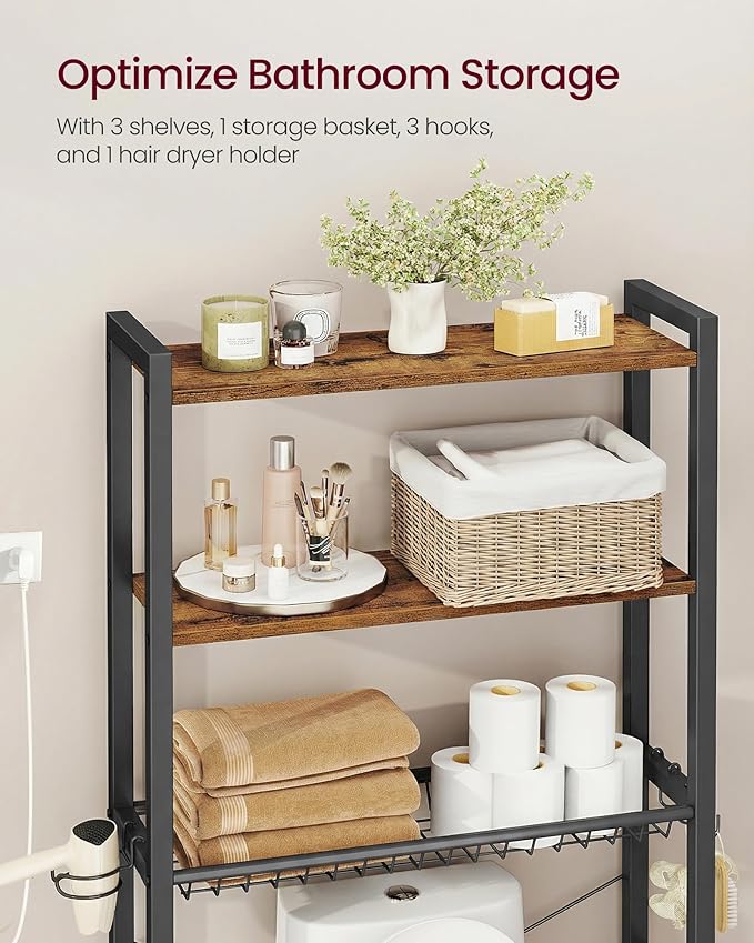 VASAGLE Over the Toilet Storage, Over Toilet Bathroom Organizer with Adjustable Shelves and Basket, 3 Hooks, Space Saving, 9.4 x 23.6 x 63 Inches, Rustic Brown UBTS113KD01S
