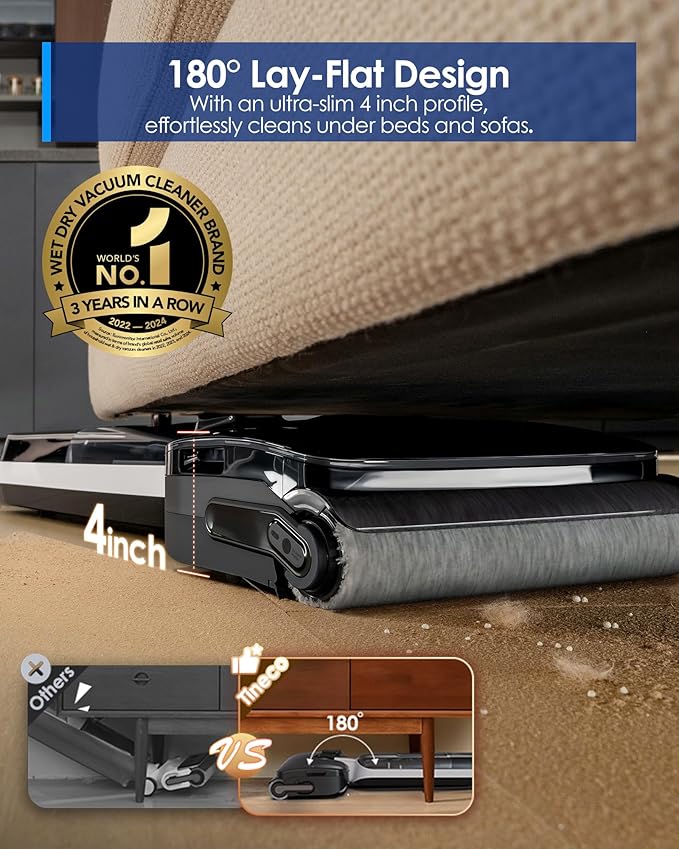 Tineco Floor ONE S6 Master Wet Dry Vacuum Cleaner, 20kPa Suction Vacuum Mop with Dual-Edge Cleaning, 45 Min Runtime (Quite Mode), 185°F Flashdry, 4inch Ultra-Slim